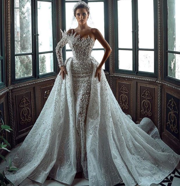 Arabic Mermaid Wedding Gowns with Detachable Train Lace