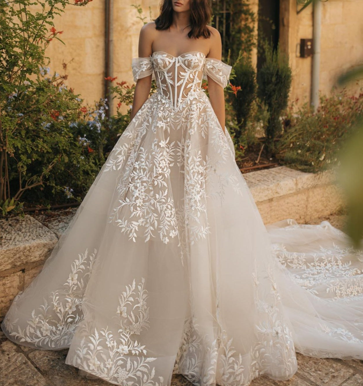 Lace Wedding Dresses for Women Appliqued Off Shoulder