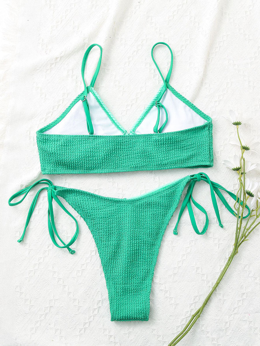 Textured Bikinis Tie Front Swimwear High Cut