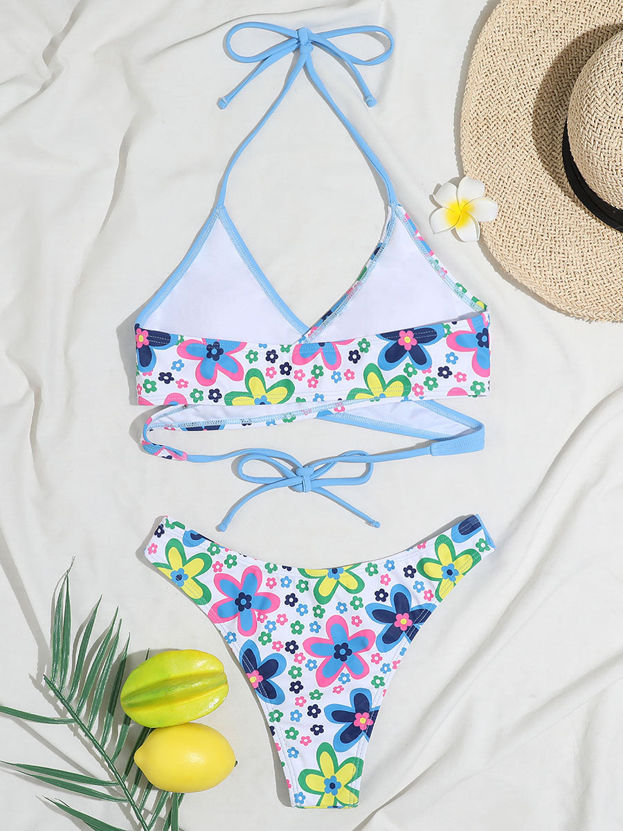 Patchwork Swimwear Print  Push Up Bikini Cross Wrap