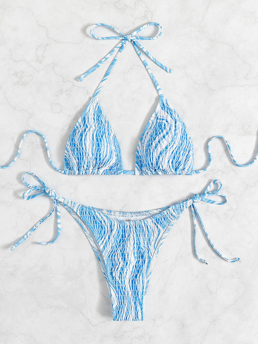 Blue Sexy Print Bikinis Set Textured Swimsuits Women