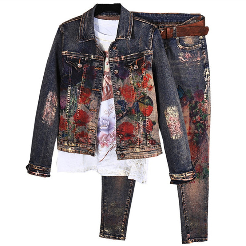 Flowers Print Denim Jeans Jacket Pants Suit Lady