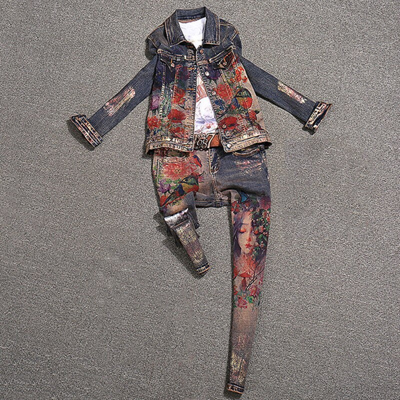 Flowers Print Denim Jeans Jacket Pants Suit Lady