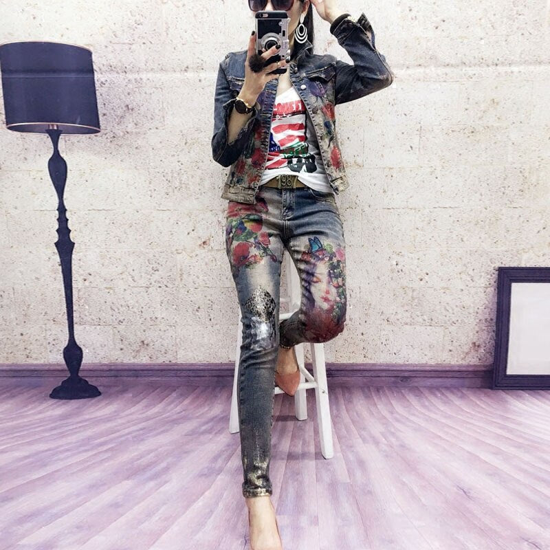 Flowers Print Denim Jeans Jacket Pants Suit Lady