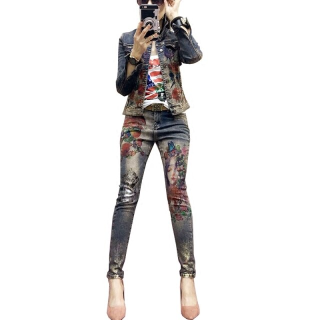 Flowers Print Denim Jeans Jacket Pants Suit Lady