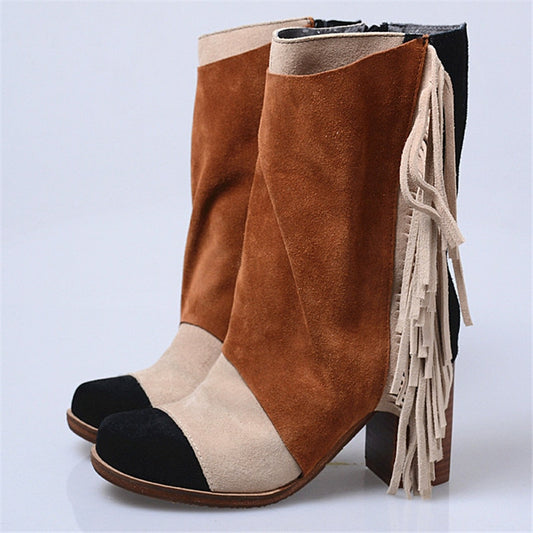 Mixed Color Fringed Women High Boots