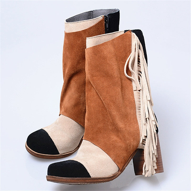 Mixed Color Fringed Women High Boots