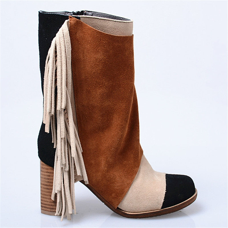 Mixed Color Fringed Women High Boots