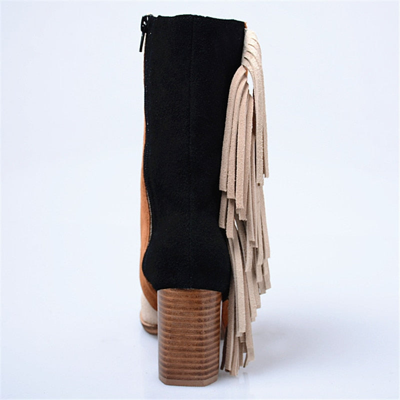 Mixed Color Fringed Women High Boots