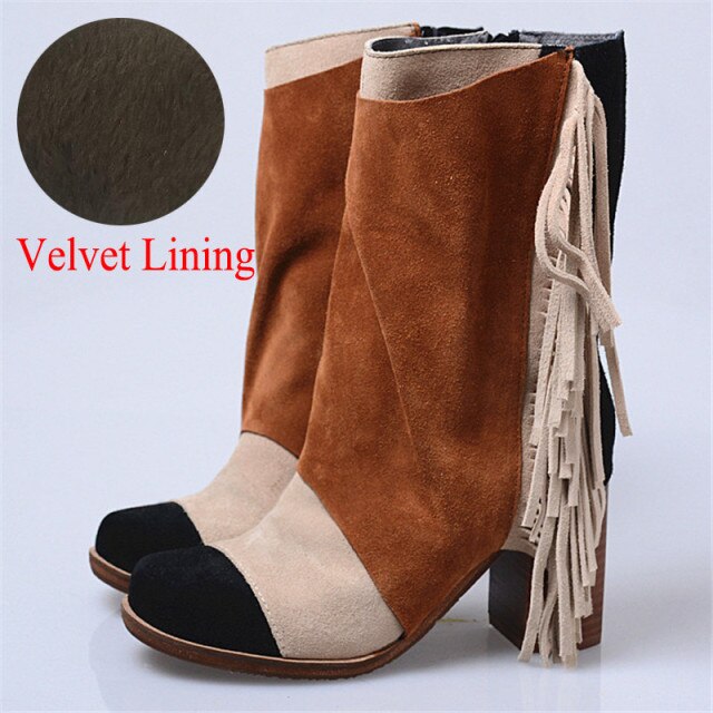 Mixed Color Fringed Women High Boots