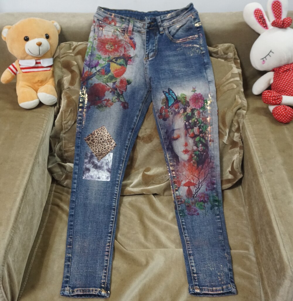 Flowers Print Denim Jeans Jacket Pants Suit Lady